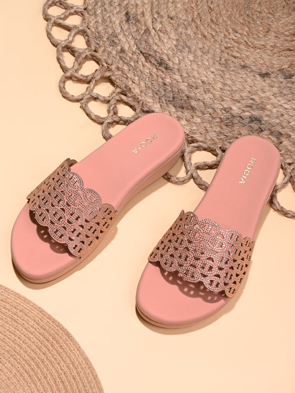 Rocia By Regal Rose Gold Women Diamond Embellished Sliders