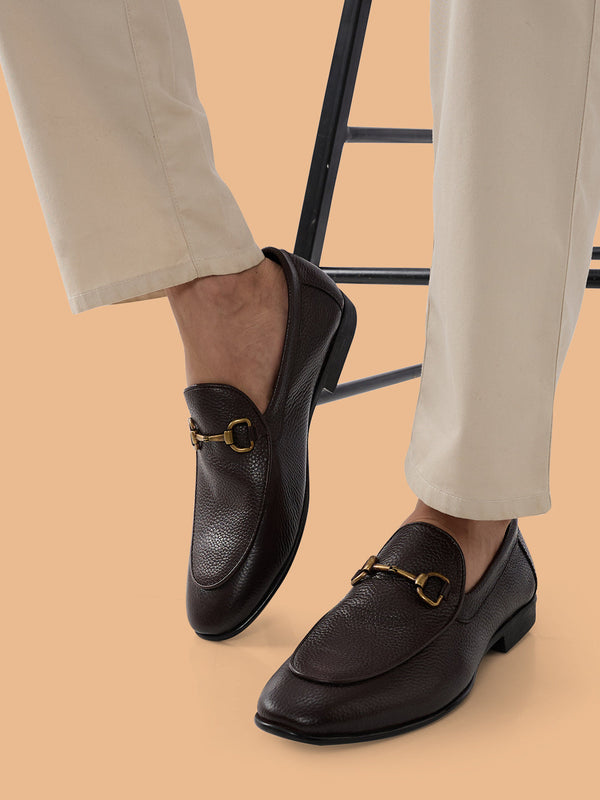 Regal Brown Mens Textured Leather Buckled Slip Ons