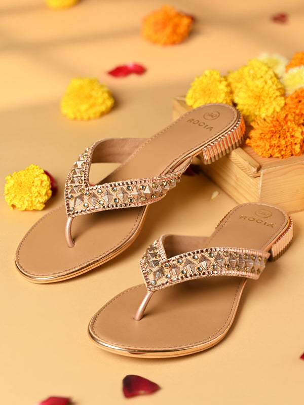 Rocia By Regal Rose Gold Women Embroidered Thong Flats