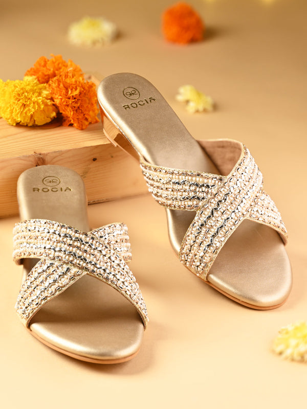 Rocia By Regal Gold Women Embroidered Wedges