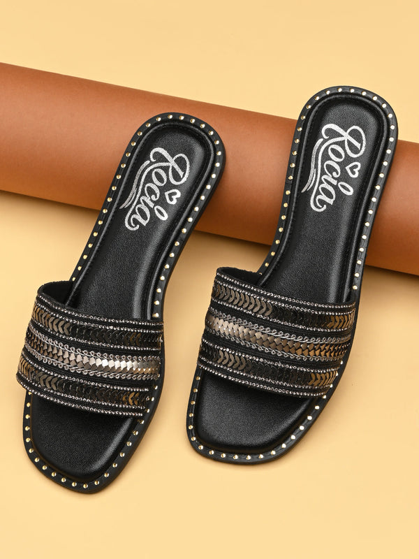 Rocia By Regal Black Women Pretty Embellished Sliders