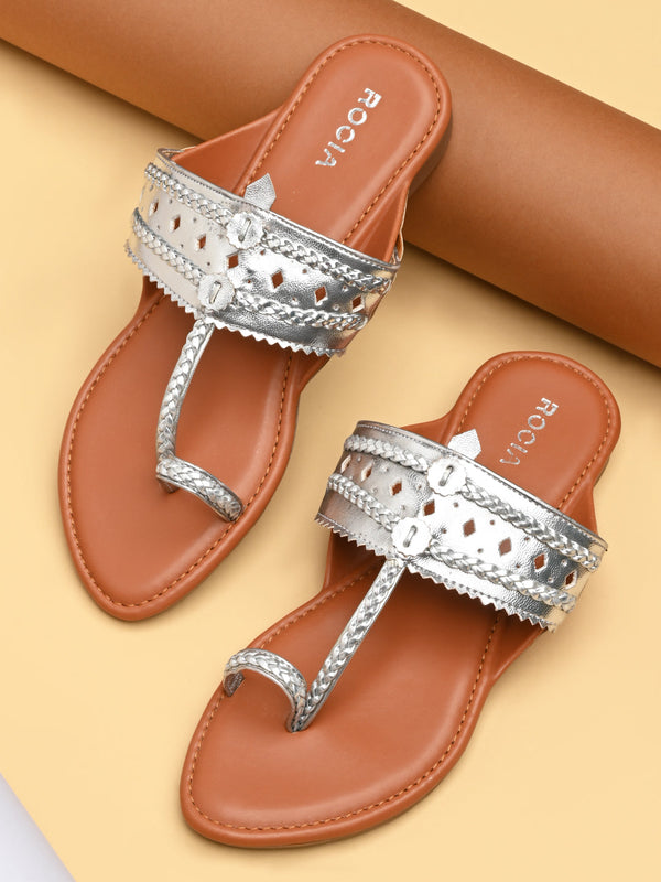 Rocia By Regal Silver Women Metallic Flat Kolhapuris