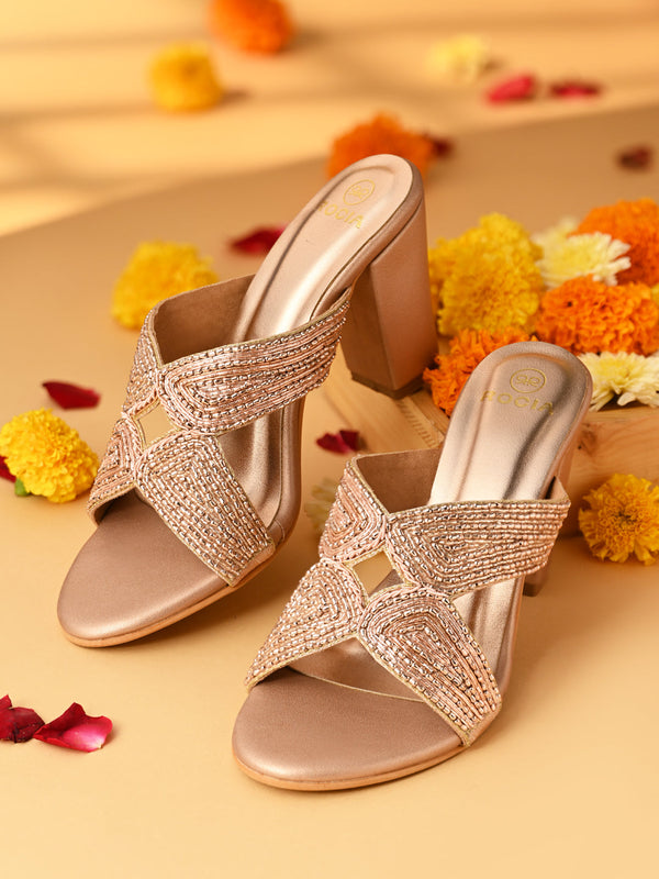 Rocia By Regal Rose Gold Women Heavy Embroidered Block Heels