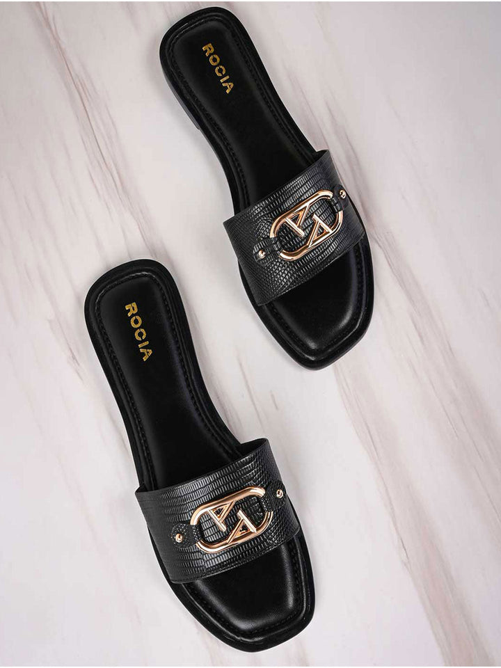 Rocia By Regal Black Women Textured Buckled Sliders