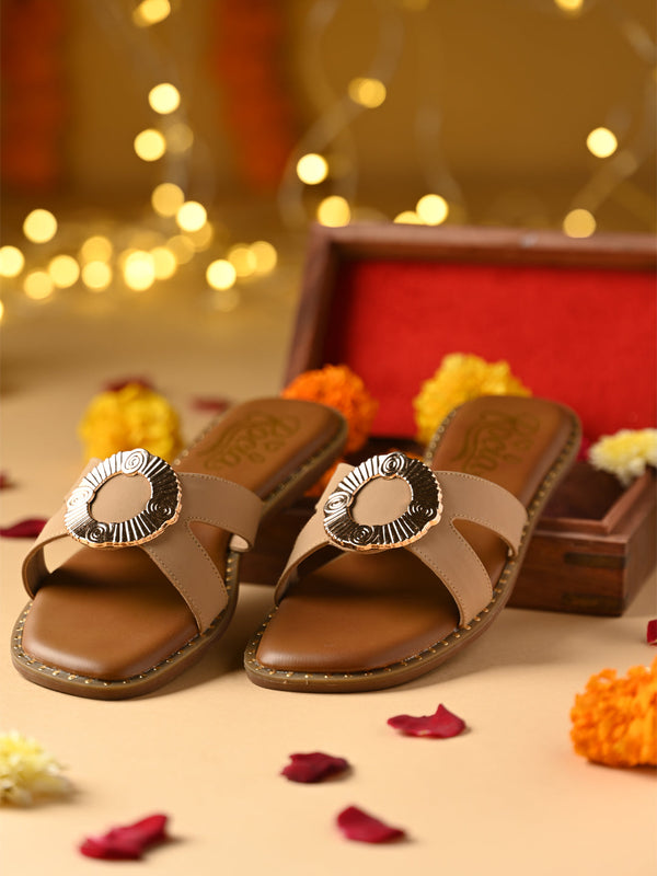 Rocia By Regal Beige Women Stylish Flats With Gold Fitting