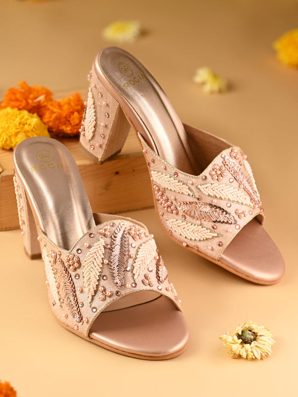 Rocia By Regal Rose Gold Women Hand Embroidered High Block Heels