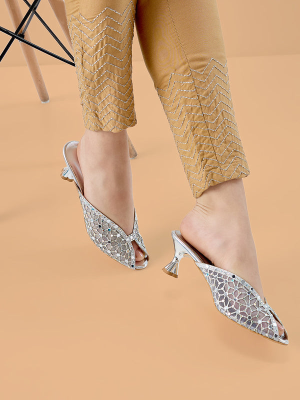 Rocia By Regal Silver Women Diamond Embellished Net Stylish Heels