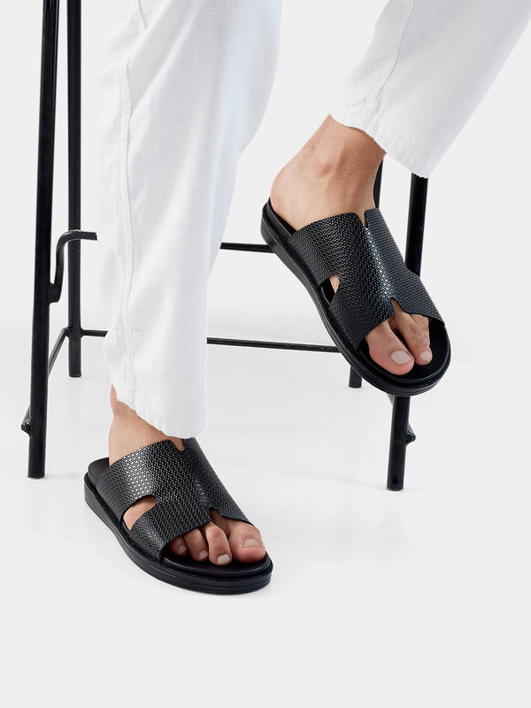 Regal Black Mens Textured Leather Comfort Sandals