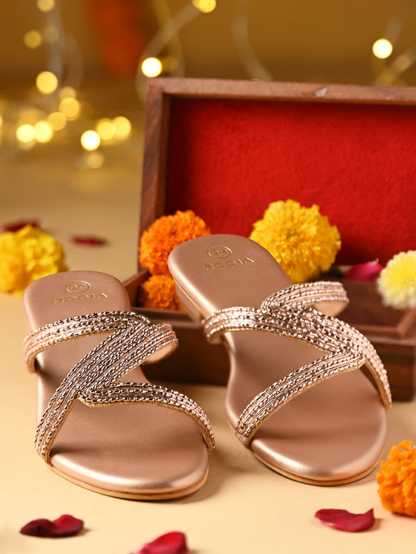 Rocia By Regal Rose Gold Women Hand Embroidered Zig-Zag Flats