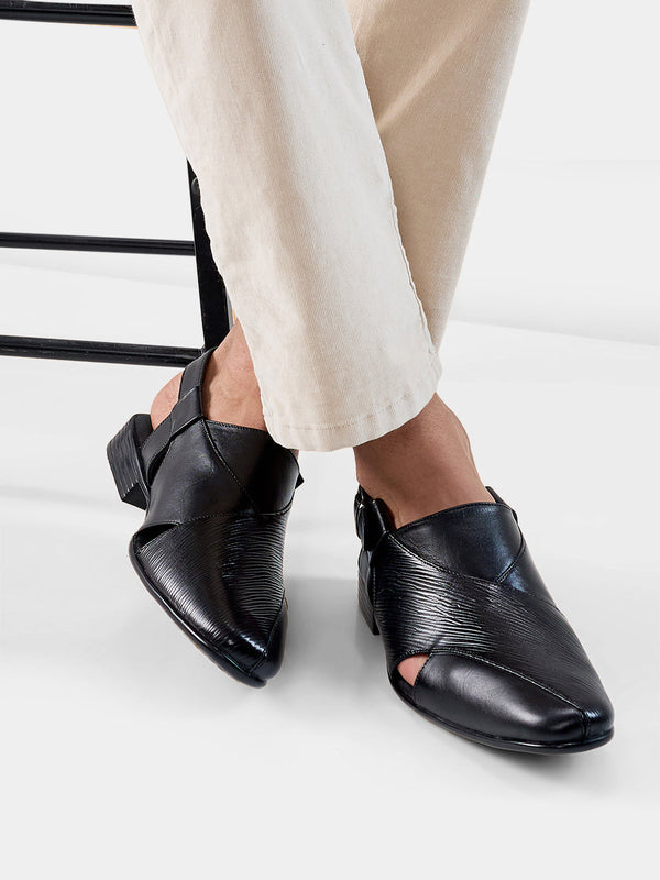 Regal Black Mens Textured Leather Stylish Ethnic Sandals