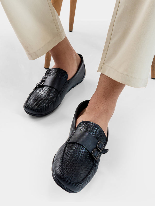 Regal Black Mens Stylish Textured Leather Double Monks