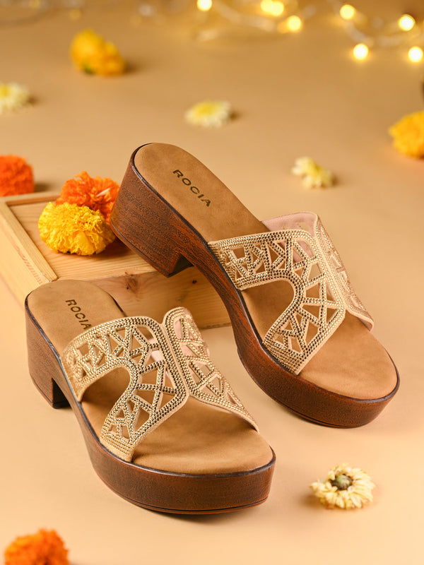 Rocia By Regal Antique Gold Women Diamond Embellished H Block Heels