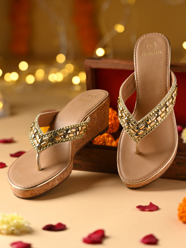 Rocia By Regal Gold Women Cork Covered Embroidered Wedges