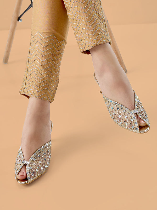 Rocia By Regal Gold Women Diamond Embellished Net Stylish Heels