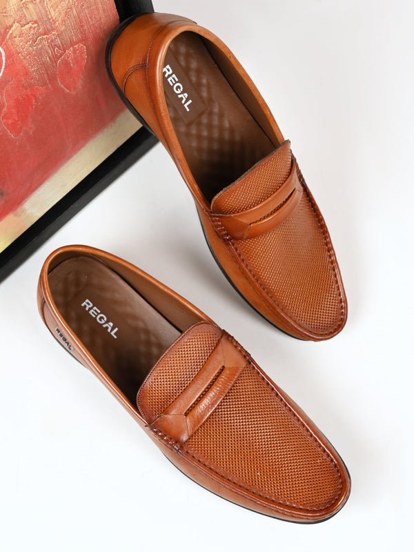 Regal Dark Tan Men Textured Leather Saddled Slip Ons