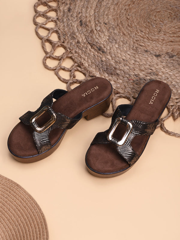 Rocia By Regal Antique Gold Women H-Buckled Block Heel Sandals