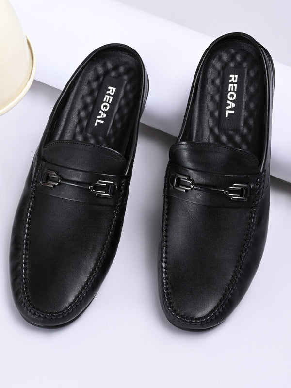 Regal Black Men Leather Buckled Mules