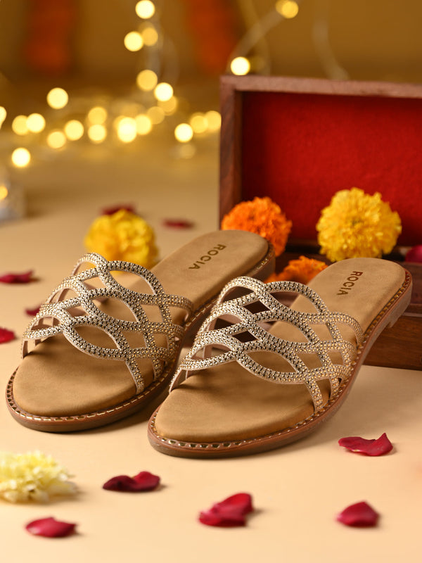 Rocia By Regal Antique Gold Women Diamond Embellished Criss Cross Flats