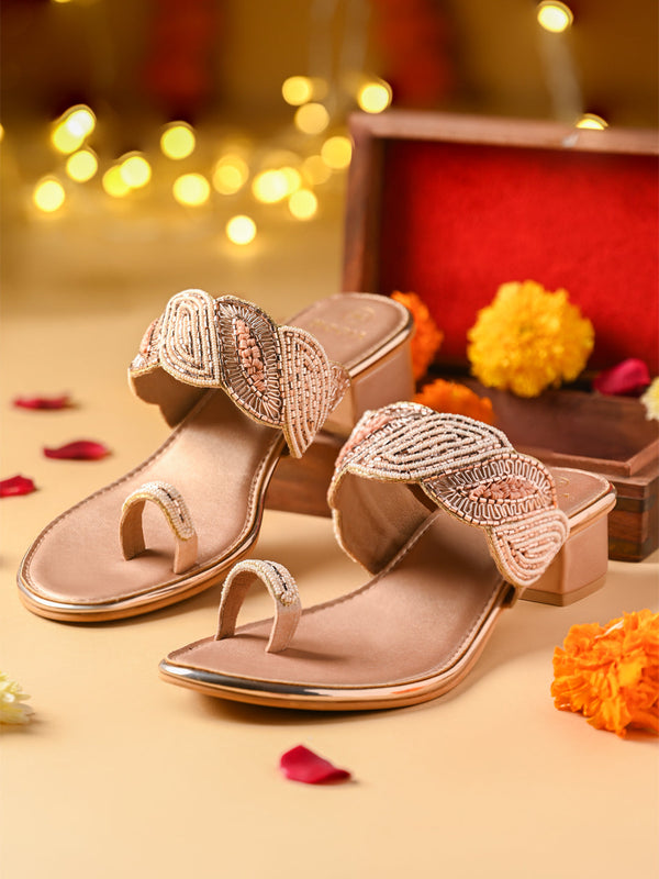 Rocia By Regal Rose Gold Women One Toe Embroidered Block Heels