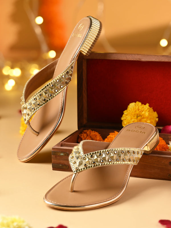 Rocia By Regal Gold Women Embroidered Thong Flats