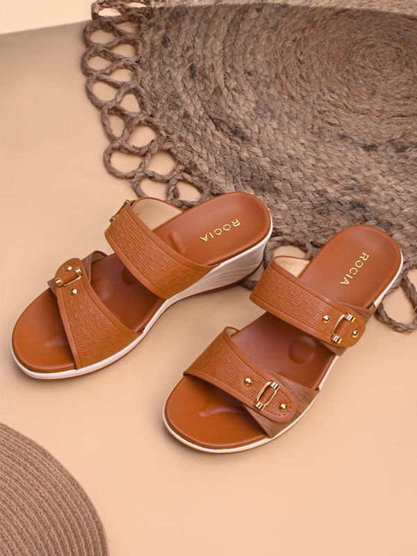 Rocia By Regal Tan Women Embossed Comfort Wedge Heels