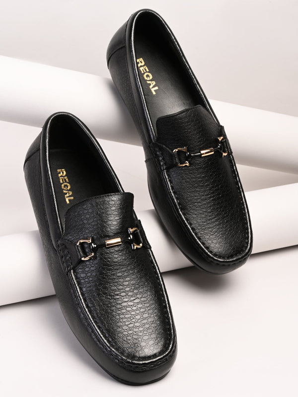 Regal Black Mens Textured Leather Buckled Loafers