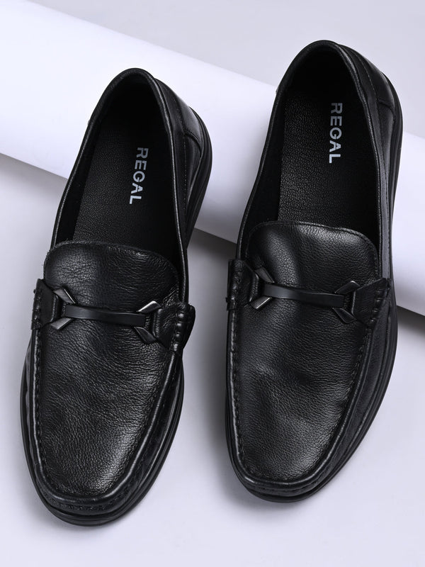 Regal Black Men Leather Buckled Slip Ons