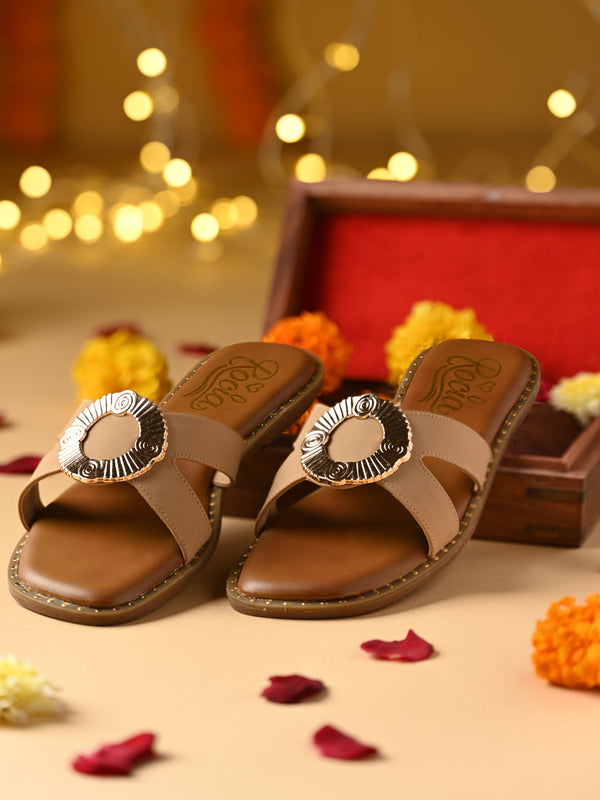 Rocia By Regal Tan Women Stylish Flats With Gold Fitting