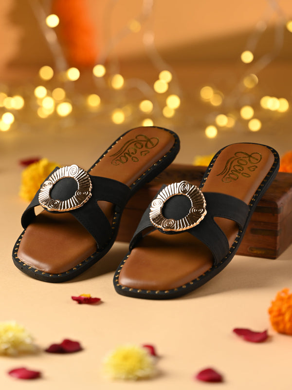 Rocia By Regal Black Women Stylish Flats With Gold Fitting