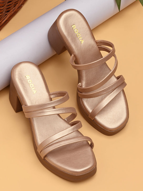 Rocia By Regal Gold Women Strappy Block Heel Sandals