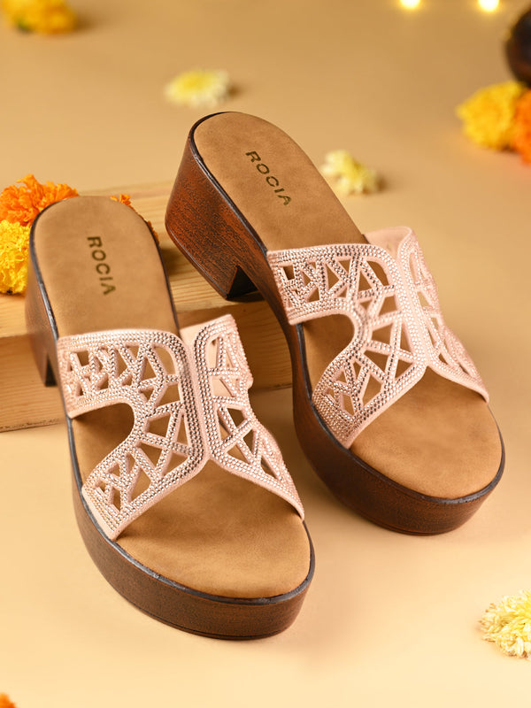 Rocia By Regal Rose Gold Women Diamond Embellished H Block Heels