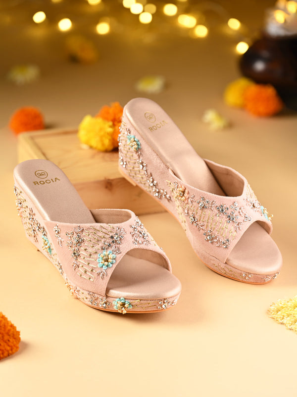 Rocia By Regal Rose Gold Women Heavy Embroidered Velvet Platforms