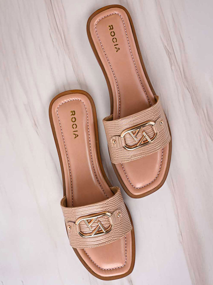 Rocia By Regal Nude Women Textured Buckled Sliders