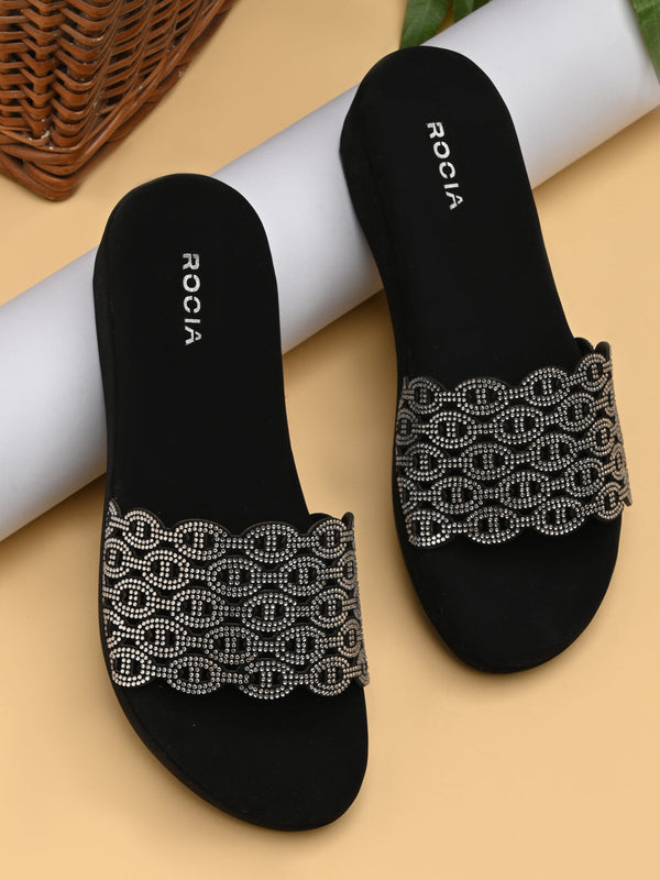Rocia By Regal Black Women Diamond Embellished Sliders