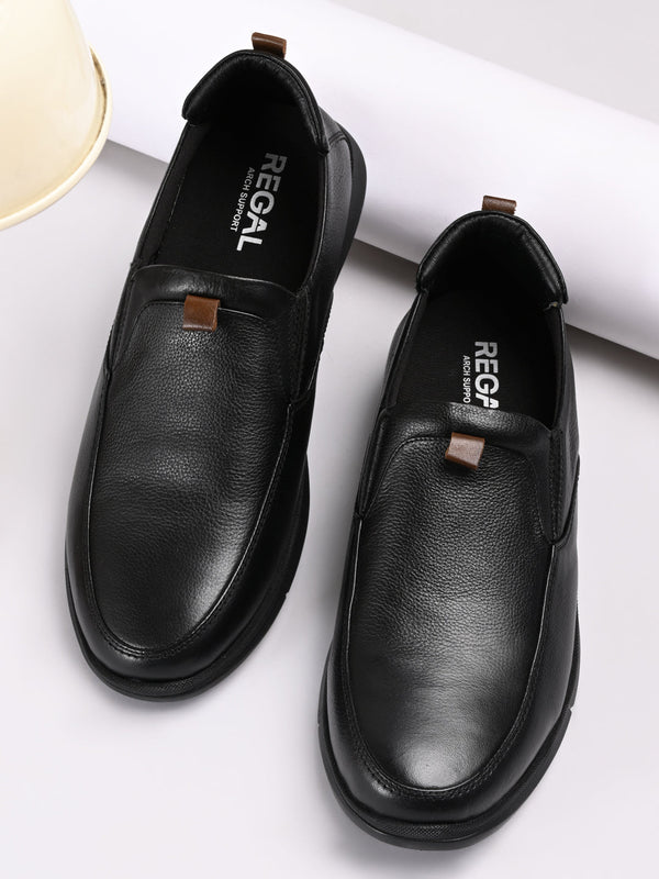 Regal Black Men Leather Comfort Slip Ons