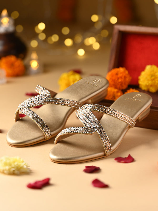 Rocia By Regal Gold Women Hand Embroidered Zig-Zag Flats