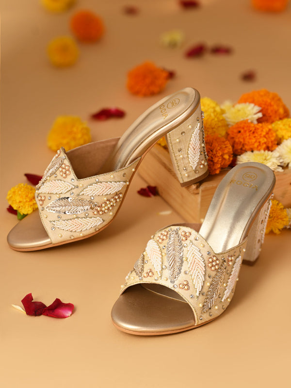 Rocia By Regal Gold Women Hand Embroidered High Block Heels