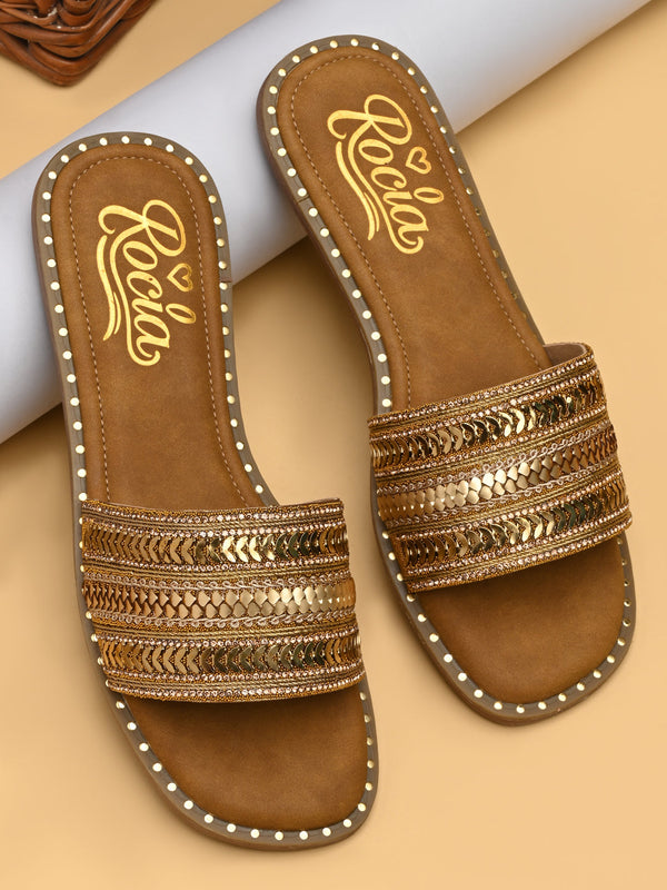 Rocia By Regal Antique Gold Women Pretty Embellished Sliders