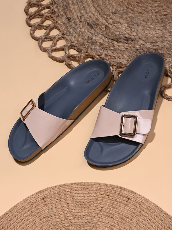 Rocia By Regal Beige Women Patent Slider Flats