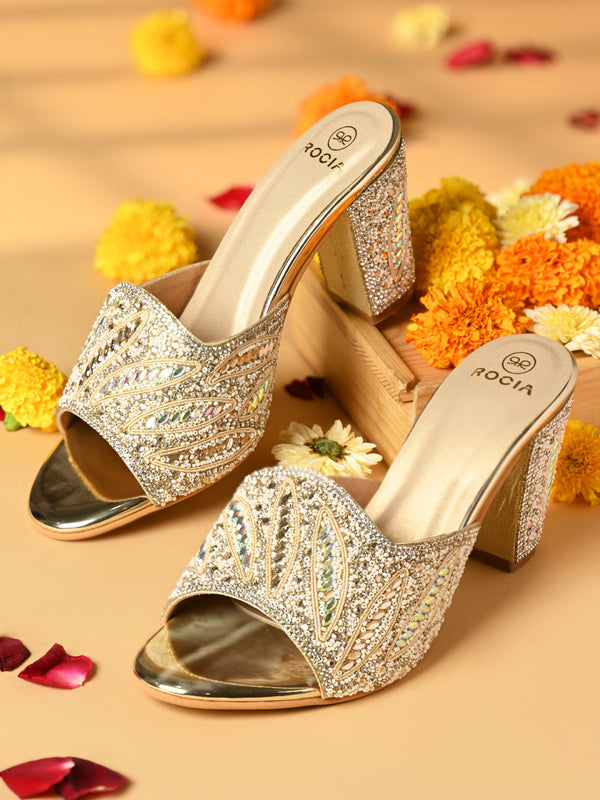 Rocia By Regal Gold Women Heavy Embroidered High Block Heels