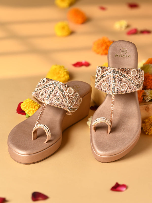 Rocia By Regal Rose Gold Women One Toe Embroidered Wedges
