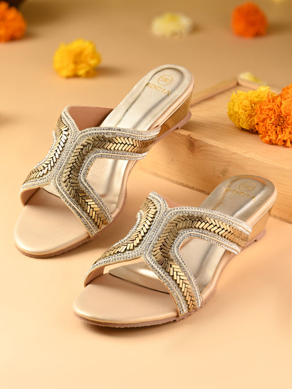 Rocia By Regal Gold Women Embroidered H Wedges