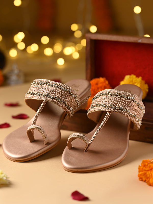 Rocia By Regal Rose Gold Women One Toe Hand Embroidered Small Embellished Wedge