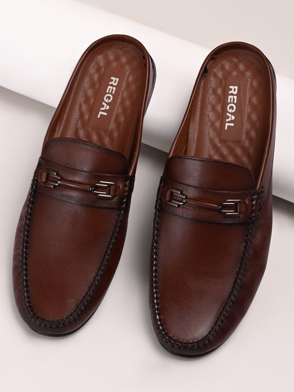 Regal Brown Men Leather Buckled Mules