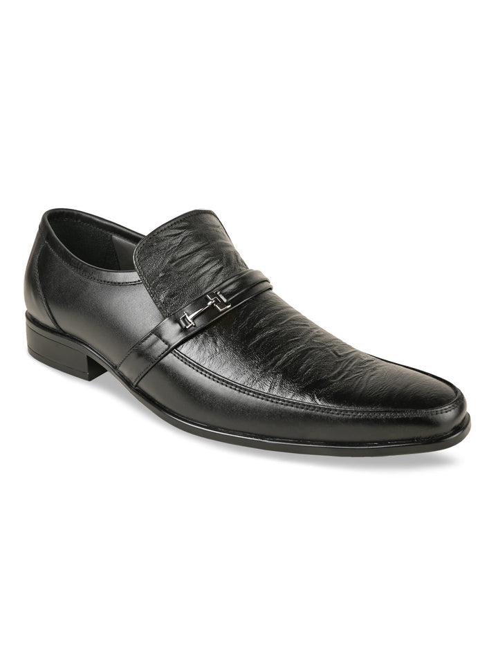 Regal Black Men Textured Leather Slip Ons
