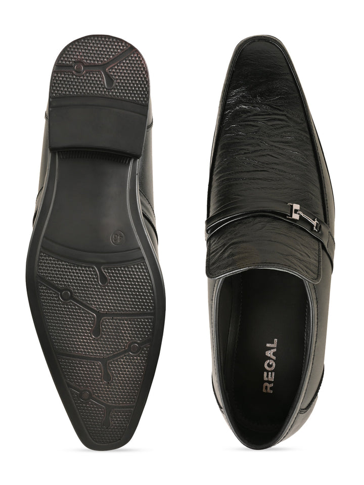 Regal Black Men Textured Leather Slip Ons