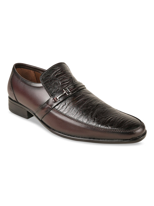 Regal Maroon Men Textured Leather Slip Ons
