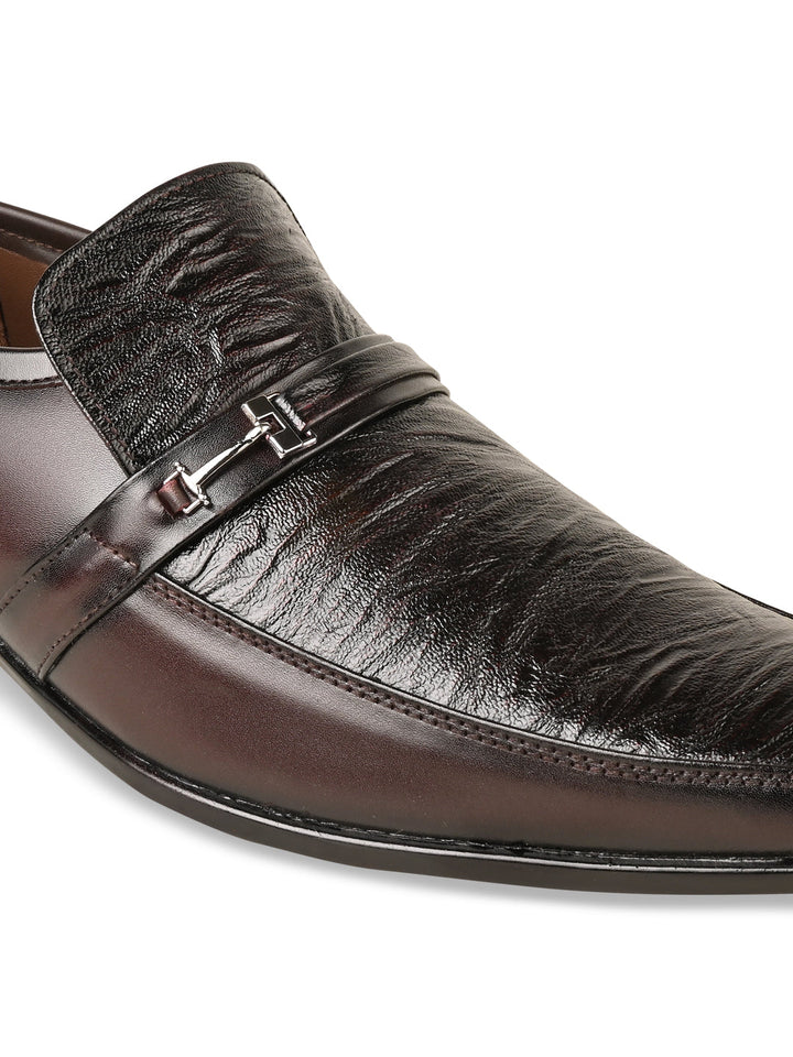 Regal Maroon Men Textured Leather Slip Ons
