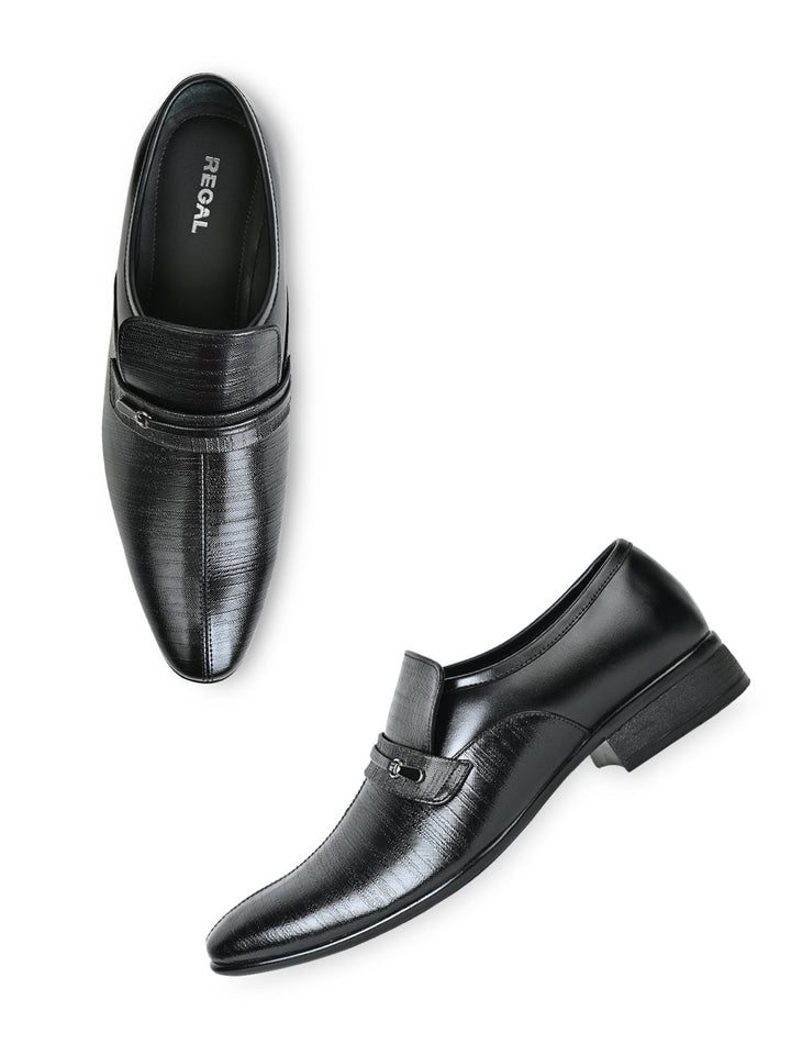 Regal Black Men Formal Textured Leather Slip Ons