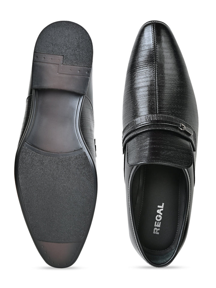 Regal Black Men Formal Textured Leather Slip Ons